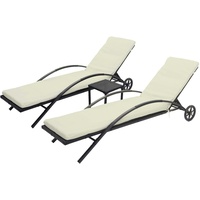 Mendler 2er-Set Sonnenliege HWC-E27, Relaxliege Gartenliege, Poly-Rattan ~ schwarz, Kissen creme-beige