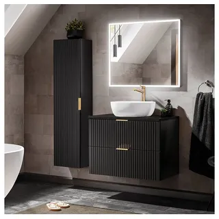 Lomadox - Badezimmer Set, schwarz matt gerillt, mit 80cm Waschtisch, Waschbecken led Spiegel, ADELAIDE-56-BLACK, b/h/t ca.