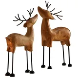 Dekoleidenschaft 2X Dekofigur Rentier aus Mango Holz & Metall, 24 + 27 cm hoch, Winterdeko, Weihnachtsdeko, Weihnachts-Figur stehend, für Wohnzimmer & Tischdeko