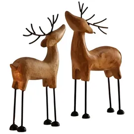 Dekoleidenschaft 2X Dekofigur Rentier aus Mango Holz & Metall, 24 + 27 cm hoch, Winterdeko, Weihnachtsdeko, Weihnachts-Figur stehend, für Wohnzimmer & Tischdeko