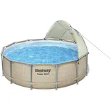 Bestway Power Steel Frame Pool Komplett-Set mit Filterpumpe Ø 396 x 107 cm , Rattan-Optik (Ecru), rund