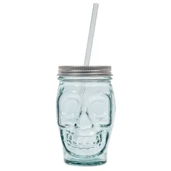 Recyceltes Glas Totenkopf Becher mit Strohhalm 45 cl