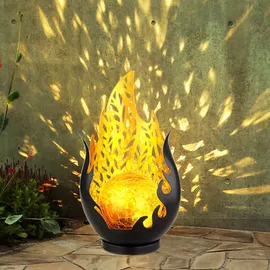 GLOBO Solarleuchte Flammen Design Außen Solarblume Aussen Lotusblume Solar Crackle Glas, grau, LED Leuchtmittel, 1x Lotusblume 1x Flammen Design, 2er Set