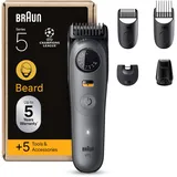 Braun Barttrimmer Series 5, Elektrischer Bartschneider Herren mit 5 Zubehörteile, Ultrascharfe ProBlade Klinge, 120 Min Akkulaufzeit, Kabelloser Bartrasierer, 40 Längen, Wasserdicht, BT5525, Grau