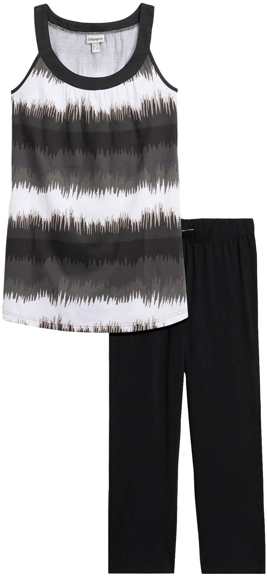 Jerseykleid BONPRIX, Damen, Gr. 48/50 (XL), N-Gr, schwarz graphisch bedruckt, Jersey, Obermaterial: 100% Baumwolle. Unterteil: 95% Baumwolle, 5% Elasthan, bedruckt, mehrfarbig, bequem 3/4-Länge, tiefer Rundhals, Kleider Jerseykleid, mit Capri-Leggings in 3/4-Länge