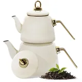 Homelux Teekanne Set, Wasserkessel Induktion Teekocher aus Emaille, Induktionsgeeignet, 2L+1L, Türkische teekanne, Caydanlik,Cremefarben - Weiß