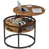 WLIVE Couchtisch Couchtisch Höhenverstellbarer Runder, 2-facher Stauraum & Ablage (Packung, 1 Tisch), Beistelltisch aus Holz & Metall, höhenverstellbar, 60 x 60 x 48-61 cm braun runder | 60 cm x 61 cm x 60 cm