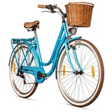 bergsteiger Cityrad Marseille 26 Zoll, 28 Zoll Damenfahrrad, ab 150 cm, Korb aus Rattan, 6 Gang, Kettenschaltung, V-Bremsen blau