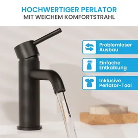 Bächlein Badarmatur Susara mit gebogenem Auslauf, Design Einhebelmischer mit langlebiger Keramikkartusche und Montage-Set, Bad Wasserhahn Matt Schwarz
