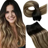 LaaVoo Echthaar Tressen zum Einnähen Balayage Braun Tressen Extensions Echthaar Dunklbraun Hellblond 40cm Haarverlängerung Echthaar Glatt 100g #1b/4/27