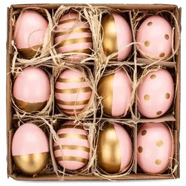 NaDeco Hühnereier, bemalt, 12 Stück, mit Hänger, in vielen Farben & mit verschiedenen Motiven erhältlich | Deko-Ostereier | Schöne Osterdeko zum Aufhängen, Farbe:Rosa-Gold