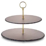 ECHTWERK EW-ET-1779G Etagere-/ Servier-Ablage für Gebäck, Obst, Käse und Dessert aus Naturschiefer mit 2 Ebenen und Metallgriff, Gold-Edition, Ø Schieferplatten ca. 25/30 cm, Steingut