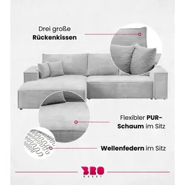 bromarkt Ecksofa PABLO Schlaffunktion Bettkasten L-Form 294x185x85cm Hellgrau Links - Hellgrau