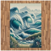 Teppich Flachgewebe Deko-Teppiche für das Wohn-,Schlaf-, und Essenszimmer, Abakuhaus, rechteckig, Nautisch Boot auf riesigen Wellen blau|grün 160 cm x 230 cm