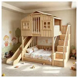 Muxing Etagenbett Kinderbett Baumhaus-Stil mit Rutsche, Treppe & Stauraum (1-St), 150×200&150×200cm, natur beige 220 cm x 295 cm x 235 cm