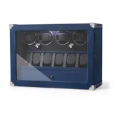 XTELARY Uhrenbeweger,Blau Leder Abschließbarer Uhrenbeweger für 4 mit 6 Speicherplätzen,Aufbewahrungsschublade, 4 Rotationsmodi,Weißes Licht Superleiser Motor und Federuhrkissen für Herren und Damen