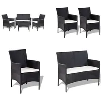 vidaXL 4 tlg. Garten Lounge Set mit Auflagen Poly Rattan Schwarz - Garten-Sofagarnitur - Garten-Sofagarnituren - Gartensofa-Set - Gartensofa-Sets - Schwarz