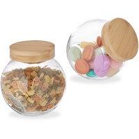 Relaxdays Bonbonglas mit Bambusdeckel, 2er Set, Vorratsgläser Süßigkeiten, Candy