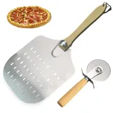 TOATELU Perforierter Pizzaschieber und Pizzaschneider Set, 12 zoll Pizzaschieber Perforiert, Pizzaschaufel aus Aluminium, Pizzaroller Rostfrei Edelstahl Schneidemesser, für Hausgemachte Pizza