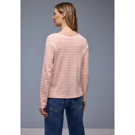 STREET ONE Langarmshirt STREET ONE, Damen, Gr. 38, light apricot, Jersey, Obermaterial: 100% Baumwolle, gestreift, tailliert hüftbedeckend, U-Boot-Ausschnitt, Shirts Langarmshirt, in Streifen-Optik
