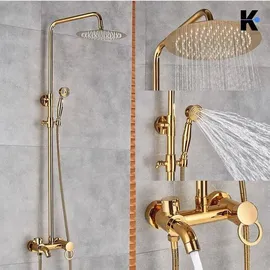 klarwerk KLARWERK® JANA | Vintage Duscharmatur Set mit Regendusche & Handbrause Gold glänzend | Edelstahl Retro Design Duschsystem | Duschsäule Mischbatterie