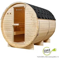 Artsauna Fasssauna Spitzbergen 220 - 6 Personen, 8 kW Ofen, Zubehör - Fichtenholz Sauna
