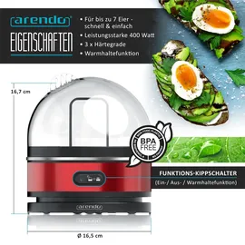 Arendo Eierkocher Edelstahl, Warmhaltefunktion, Härtegrad einstellbar, für 7 Eier,