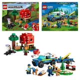 LEGO Tier-Bundle: City Mobiles Polizeihunde-Training (60369) und Minecraft Das Pilzhaus (21179), mit Hund-, Welpen- & Spinnenfiguren, Spielzeug-Polizeiauto, Ostergeschenk für Kinder, Jungen & Mädchen