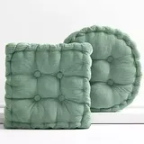 2er Set Stuhlkissen, Sitzkissen 50 * 50cm für Indoor und Outdoor, Bodenkissen, aus 100% Baumwolle Polsterung Steppkissen/Bodenkissen, Festes Bodenkissen,Yogakissen, Haustierbett, Cha-Grün