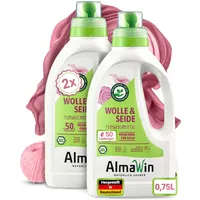 AlmaWin® Waschmittel Wolle & Seide [2x 750ml - 100 Ladungen] mit Lavendel-Duft für schonende Reinigung von Naturfasern - Seide- & Wollwaschmittel anwendbar von 20-40°C - Bio Feinwaschmittel flüssig