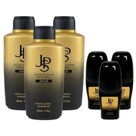 John Player Special Gold Hair & Body Shampoo 3x500 ml & Deo Roll-On 3x50 ml