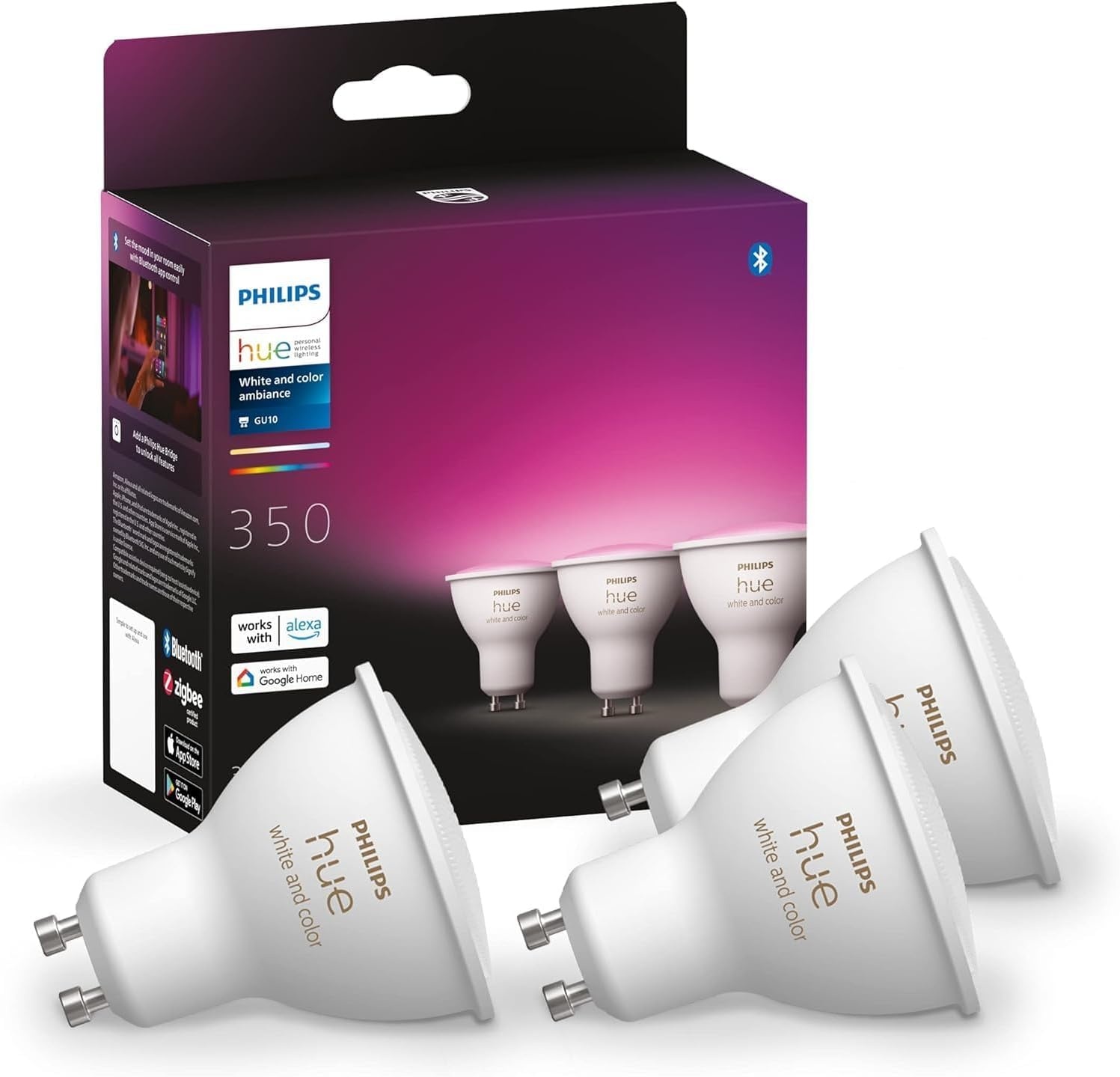 Philips Hue White & Color Ambiance GU10 LED Spots 3-er Pack (350 lm), dimmbare LED Lampen für das Hue Lichtsystem mit 16 Mio. Farben, smarte Lichtsteuerung über Sprache und App