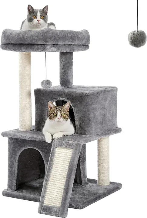 PAWZ Road Kratzbaum, Höhe 90 cm, Sisal-Seil, mit Plüschauflage und Katzenhöhle, inkl. Katzenspielzeug, Grau