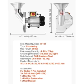 Vevor Obstmühle für Äpfel Elektrisch 550 W, Obsthäcksler Edelstahl SUS304, Verarbeitet Ganze Äpfel bis zu 70 mm Durchmesser, 60 kg/h Obstzerkleinerer für Birnen Ananas Guaven Karotten Kartoffeln