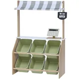 Teamson Kids Little Helper Pretend Play Holzmarkt Lebensmittelständer Rollenspiel-Spielzeug-Set für Kinder mit interaktiven Funktionen & 6 Zubehör Grün TD-13638A