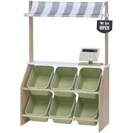 Teamson Kids Little Helper Pretend Play Holzmarkt Lebensmittelständer Rollenspiel-Spielzeug-Set für Kinder mit interaktiven Funktionen & 6 Zubehör Grün TD-13638A