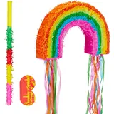 Relaxdays 3 TLG. Pinata Set Regenbogen, Pinatastab mit Augenmaske, für Kinder, Stock & Augenbinde, selbst befüllen, Piñata, bunt