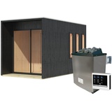 Karibu Saunahaus Miramar mit Vorraum - 73 mm schwarz Inkl. Terrasse 9 kW Ofen inkl. Steuergerät