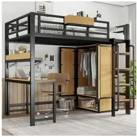 Odikalo Hochbett 90x200 Metallbett mit Schreibtisch,Kleiderschrank (Eisenbett, Jugendbett, Kinderbett, Mit Doppeltür-Kleiderschrank, Treppe mit Handläufen, Mit Schreibtisch und Aufbewahrungsregal, Oberes Bett mit Ablagefächern, Eisen + MDF, Schwarz+Natur, 90x200cm)