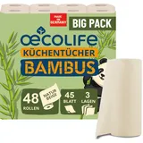 œcolife Küchentücher Bambus 3-lagig | 48 Rollen x 45 Blatt | ungebleicht