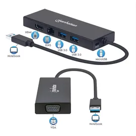 Manhattan USB 3.0 auf VGA/HDMI USB-A Dockingstation - USB Hub, Schwarz