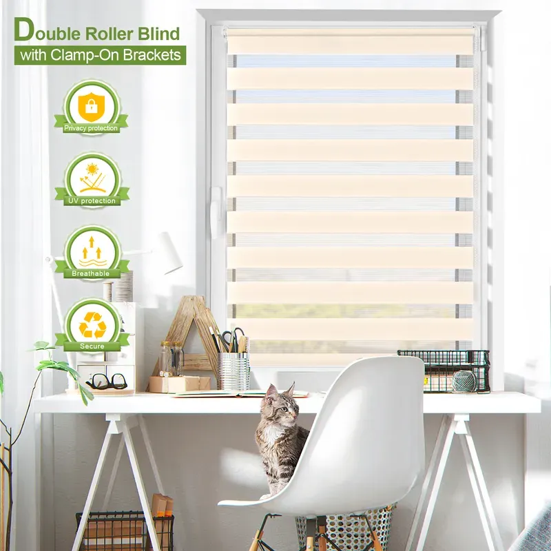 【3 € Rabatt ab 10 €】EcoHue DuoRollo Klemmfix Doppelrollo, ohne Bohren, mit Klemmträgern, für Fenster und Türen, Beige, B 40 cm x H 150 cm, 1 Stück