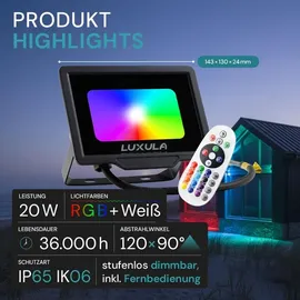 LUXULA LED Fluter 20 W Aluminium, Glas IP65 mit Fernbedienung schwarz