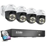 ZOSI 5MP PoE Überwachungskamera Set Aussen, 4X 355°/140° Schwenkbar IP Dome Kamera und 8CH 4K PoE NVR mit 2TB HDD, 2-Wege-Audio, Ton- und Lichtalarm