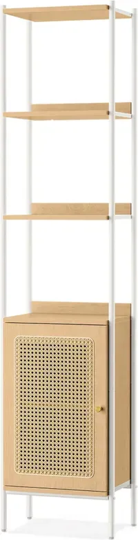VASAGLE Türbücherregal aus geflochtenem Rattan, 6-stufig (Boho-Style, verstellbare Regalböden, Farbvariante Eiche in Perlweiß)