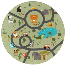 The CarPET Happy Life Kinderzimmer, Kinderteppich, Spielteppich, Waschbar, Straßenteppich, Straße, Dschungel, Tiere, Auto, Grün, 160 cm Rund