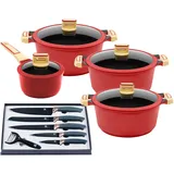 King Topf-Set GOURMET, Aluminiumguss (Set, 14-tlg., je 1 Kochtopf 18/20/24 cm, 1 Stieltopf 16 cm, Messer-Set), Antihaft-Beschichtung, Induktion rot