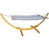 vanvilla Hängematte mit Gestell aus Lärche natufarben Lagarde 320cm x 120cm, Hängematte blau/Weiss gestreift, Edelstahlteile, Hängemattengestell Holz