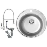 Faizee Möbel Edelstahlspüle Edelstahlspüle Ø 51 cm +Armatur wählbar Küchenspüle inkl. Siphon Set, Rund mit Armatur Spiral, 51/49 cm silberfarben Rund mit Armatur Spiral | 51 cm x 12 cm x 49 cm