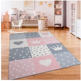 Paco Home Kinderteppich »Eliz 391«, rechteckig, 12 mm Höhe, Kurzflor, Spielteppich, Patchwork-Muster, Motiv Krone, Herz & Punkte pink